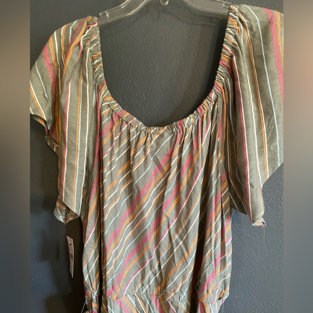 Lane Bryant pink, orange, taupe striped hi/lo dress with matching belt. Size 24